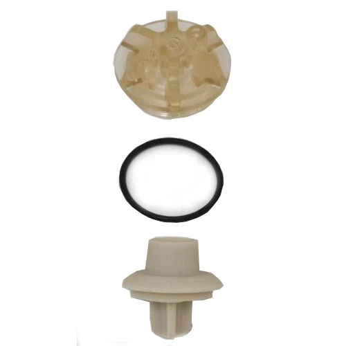 Three separate components are shown vertically aligned: a translucent Chicago Faucet plastic cap with internal structures on top, a black rubber O-ring in the middle, and a lead free beige cylindrical plastic piece with a flange and protruding base at the bottom.