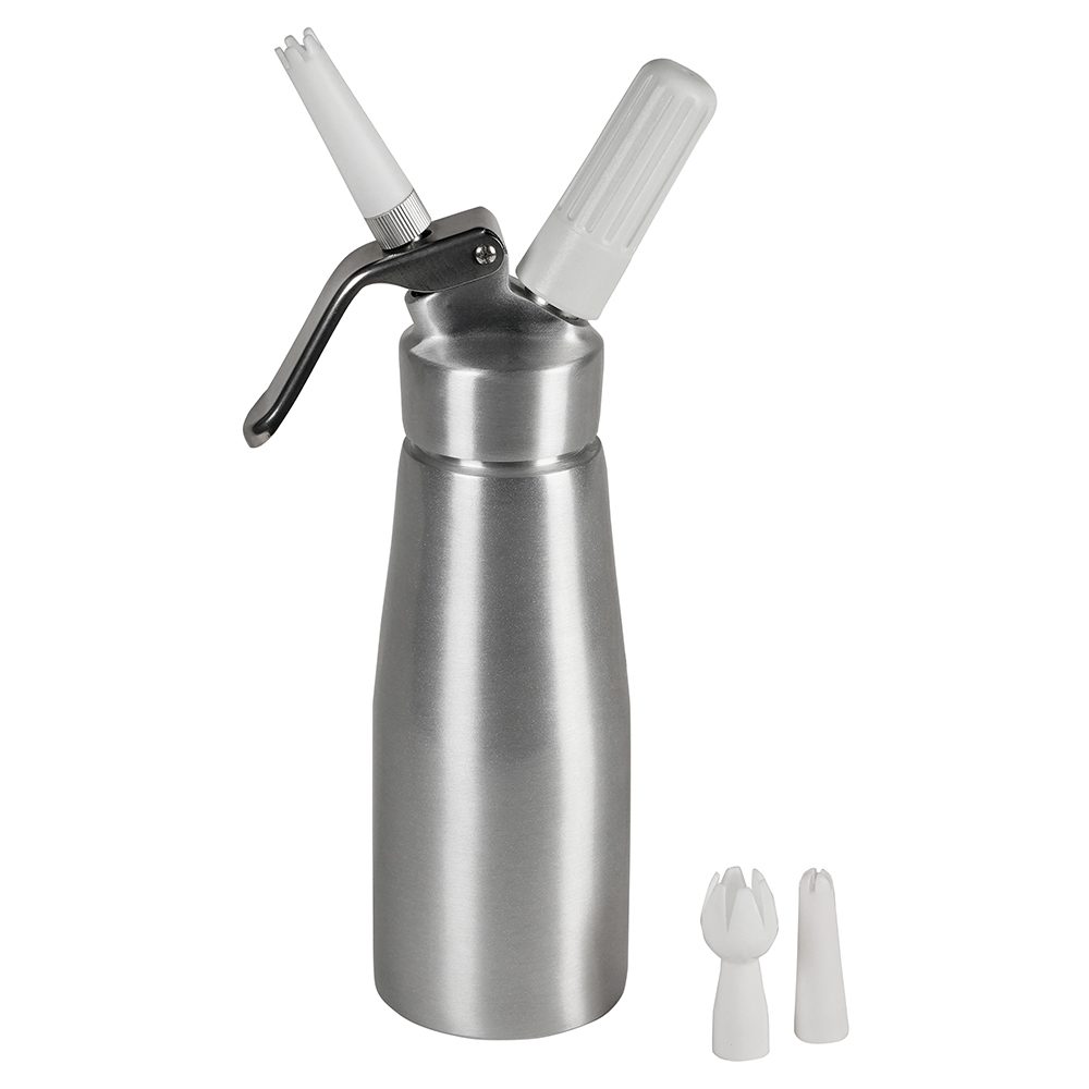 A Chef Master whipped cream dispenser with a lever handle and white plastic nozzle is displayed upright, along with two additional nozzle tips, all designed for professional use on a plain white background.