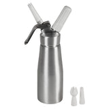 A Chef Master whipped cream dispenser with a lever handle and white plastic nozzle is displayed upright, along with two additional nozzle tips, all designed for professional use on a plain white background.