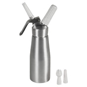 A Chef Master whipped cream dispenser with a lever handle and white plastic nozzle is displayed upright, along with two additional nozzle tips, all designed for professional use on a plain white background.