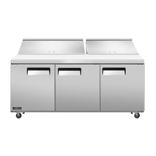 Omcan 58009 (PT-TH-1778-HC) Juneau Refrigerated Prep Table Three-section Rear Mount Self-contained Refrigeration