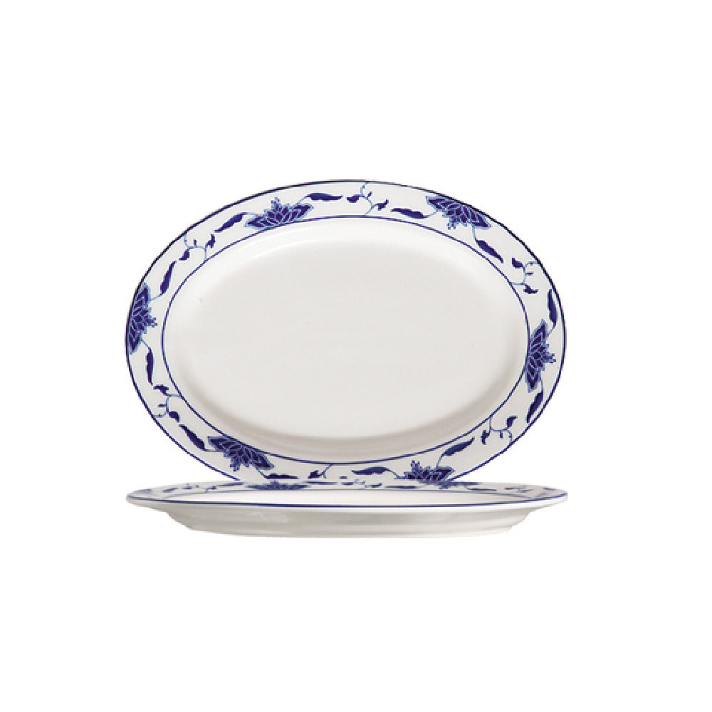 CAC China 103-41 Blue Lotus Platter 14"L X 9-7/8"W X 1-1/8"H Oval