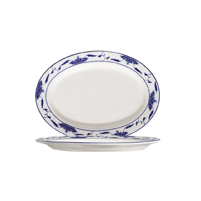 CAC China 103-41 Blue Lotus Platter 14"L X 9-7/8"W X 1-1/8"H Oval