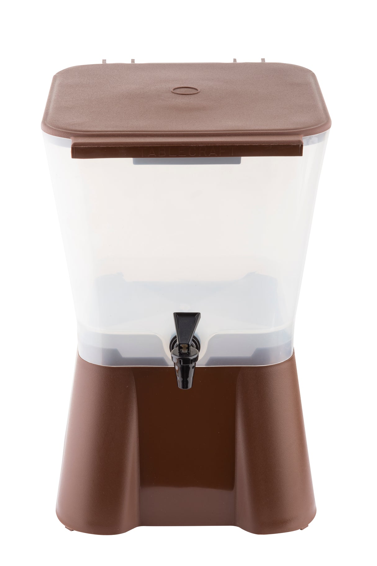 A 3 gallon brown and clear beverage dispenser with a rectangular shape. It has a brown lid, transparent upper section for holding liquid, and a brown base. A black spigot is attached to the front for dispensing drinks. Dishwasher safe. Background is white.