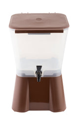 A 3 gallon brown and clear beverage dispenser with a rectangular shape. It has a brown lid, transparent upper section for holding liquid, and a brown base. A black spigot is attached to the front for dispensing drinks. Dishwasher safe. Background is white.
