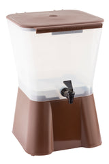 A 3 gallon, brown and translucent plastic beverage dispenser with a rectangular shape, a flat brown lid, and a black spigot at the front near the base for easy serving. The dispenser is elevated on a sturdy brown base.
