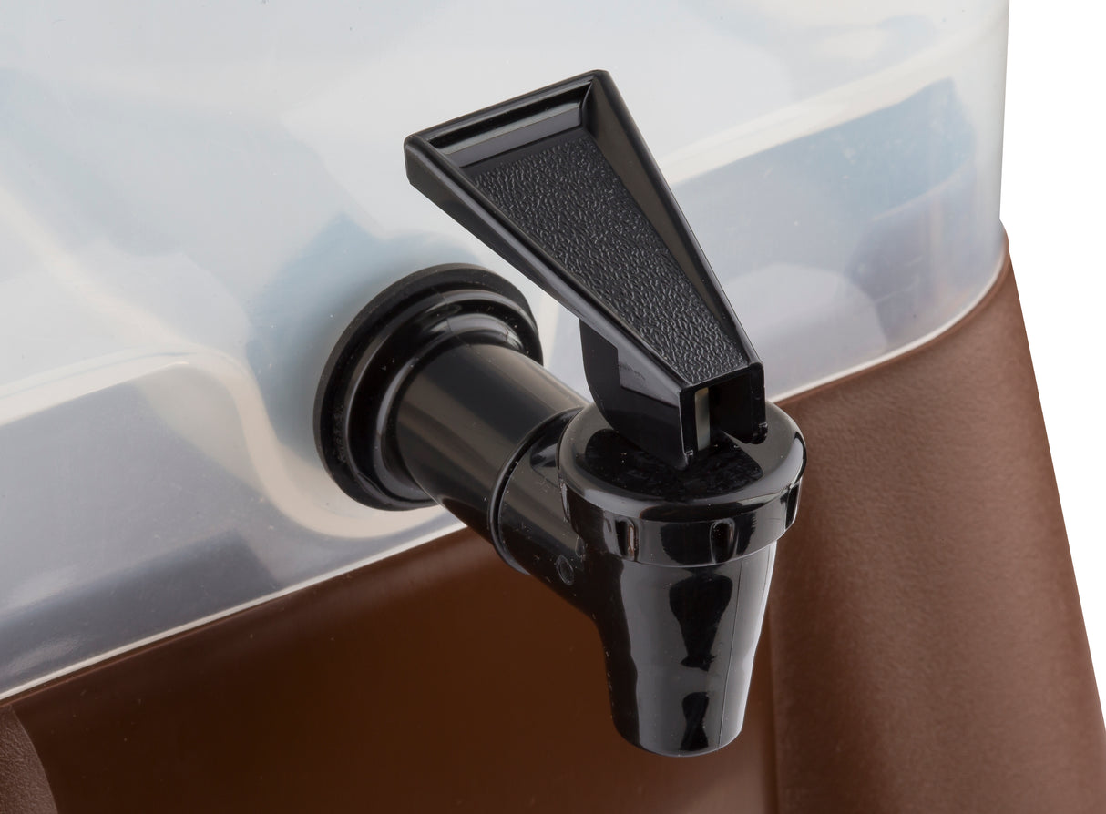 Close-up of a black plastic spigot on a translucent 3 gallon beverage dispenser. The spigot has a textured lever handle and is mounted on the lower portion above the brown base. This beverage dispenser is also dishwasher safe for easy cleaning.