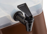 Close-up of a black plastic spigot on a translucent 3 gallon beverage dispenser. The spigot has a textured lever handle and is mounted on the lower portion above the brown base. This beverage dispenser is also dishwasher safe for easy cleaning.
