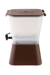 A transparent 3 gallon beverage dispenser with a brown lid and base, featuring a black spigot on the left for easy pouring. The square container sits on a slanted base, is empty inside, and is dishwasher safe. The background is white.