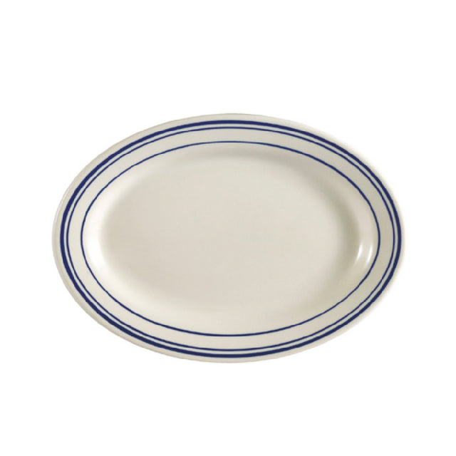 CAC China BLU-41 Blue Line Platter 13-1/2"L X 9-1/4"W X 1-1/4"H Oval