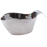 A shiny stainless steel gravy boat with a curved body and an upwardly flared spout and handle. The metal surface reflects light for a sleek, modern look. This gravy boat is dishwasher safe. The background is plain white.