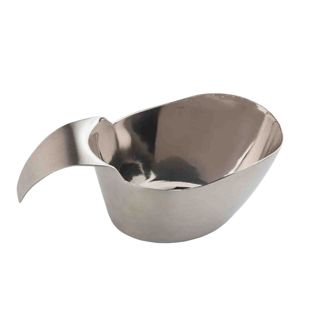 A shiny, stainless steel measuring scoop with a wide, curved handle and a deep, oval-shaped bowl. The reflective surface shows highlights and shadows, and the scoop is photographed against a plain white background. Dishwasher safe for easy cleaning.