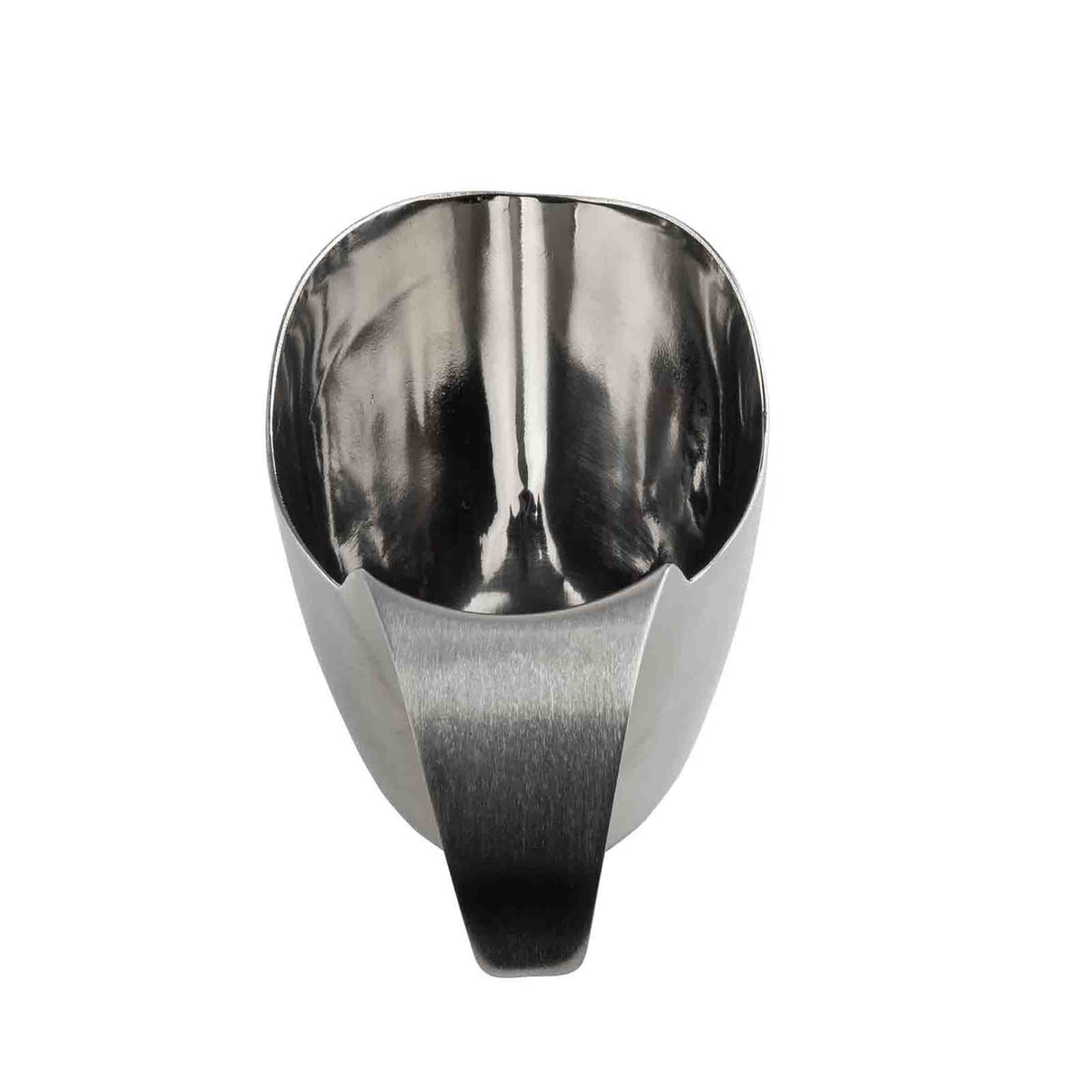 A stainless steel scoop viewed from above, showing a shiny, reflective interior and a sturdy, flat handle extending toward the viewer. The smooth metallic surface is dishwasher safe for easy cleaning.