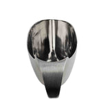 A stainless steel scoop viewed from above, showing a shiny, reflective interior and a sturdy, flat handle extending toward the viewer. The smooth metallic surface is dishwasher safe for easy cleaning.