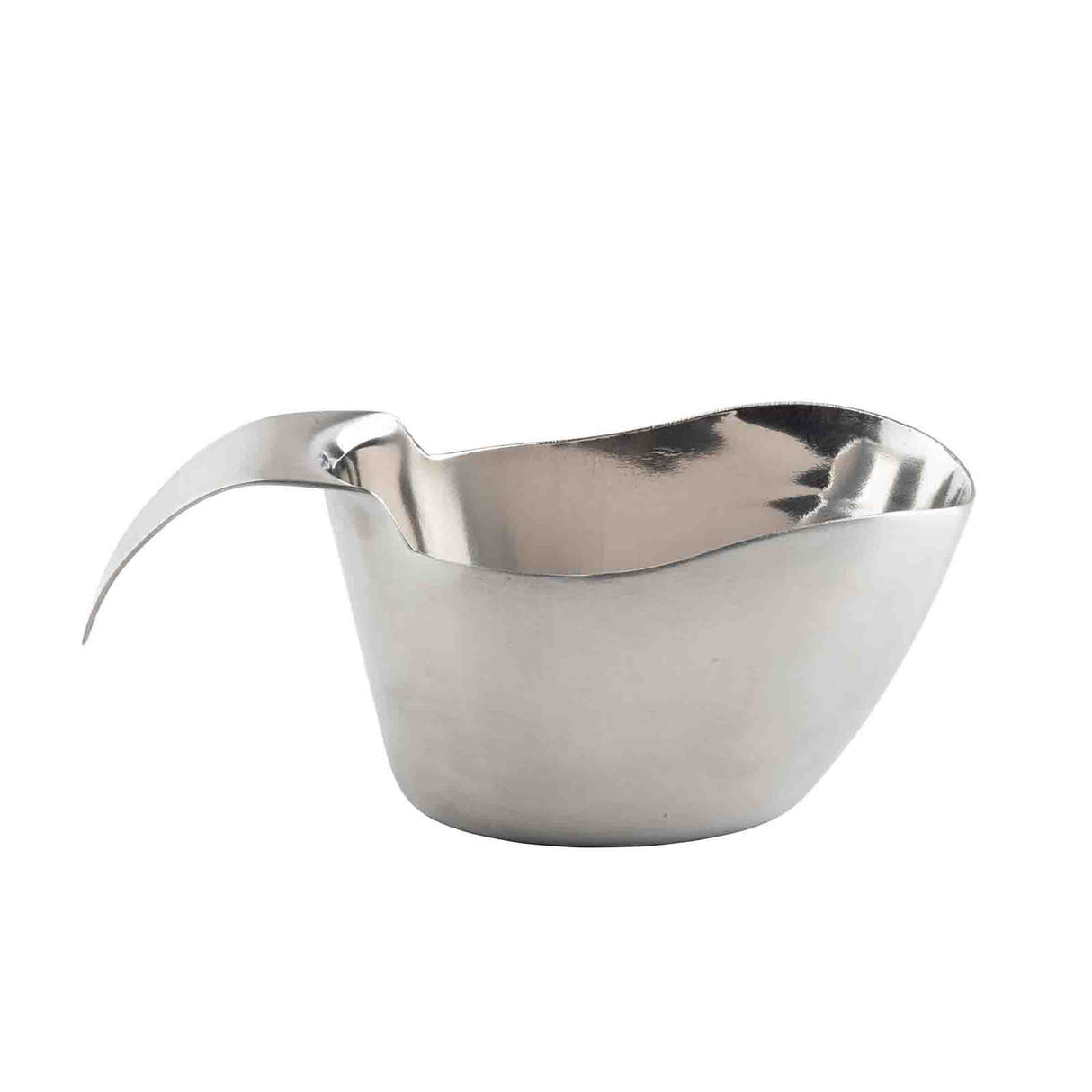A shiny, stainless steel kidney dish with smooth, rounded contours and a curved handle extending from one side. Its reflective surface shows subtle highlights, and the bowl’s shape resembles a kidney. Dishwasher safe and commonly used in medical settings.