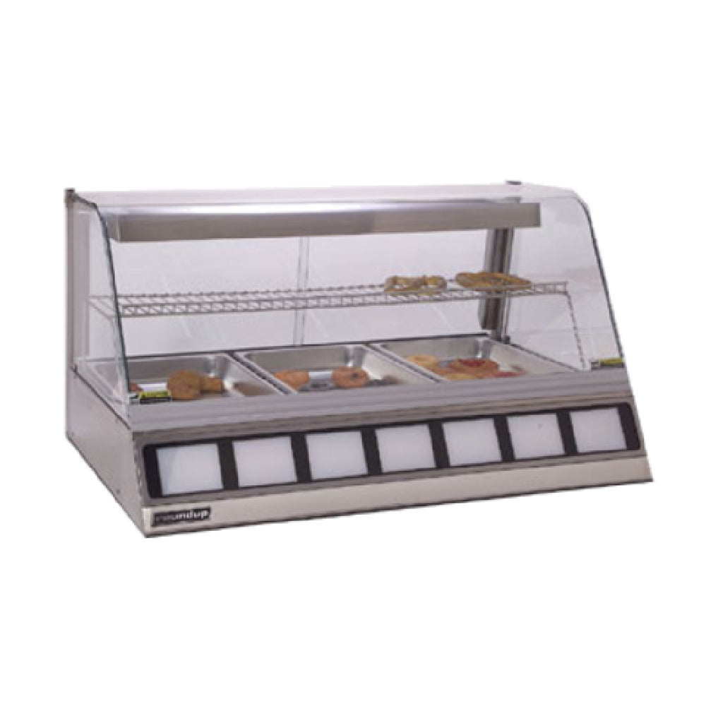 Antunes DCH-300 Heated Display Cabinet Holds (3) Full Size Pans 2-1/2" Deep Stainless Steel And Curved Tempered Glass Construction