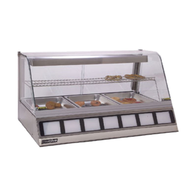 Antunes DCH-300 Heated Display Cabinet Holds (3) Full Size Pans 2-1/2" Deep Stainless Steel And Curved Tempered Glass Construction