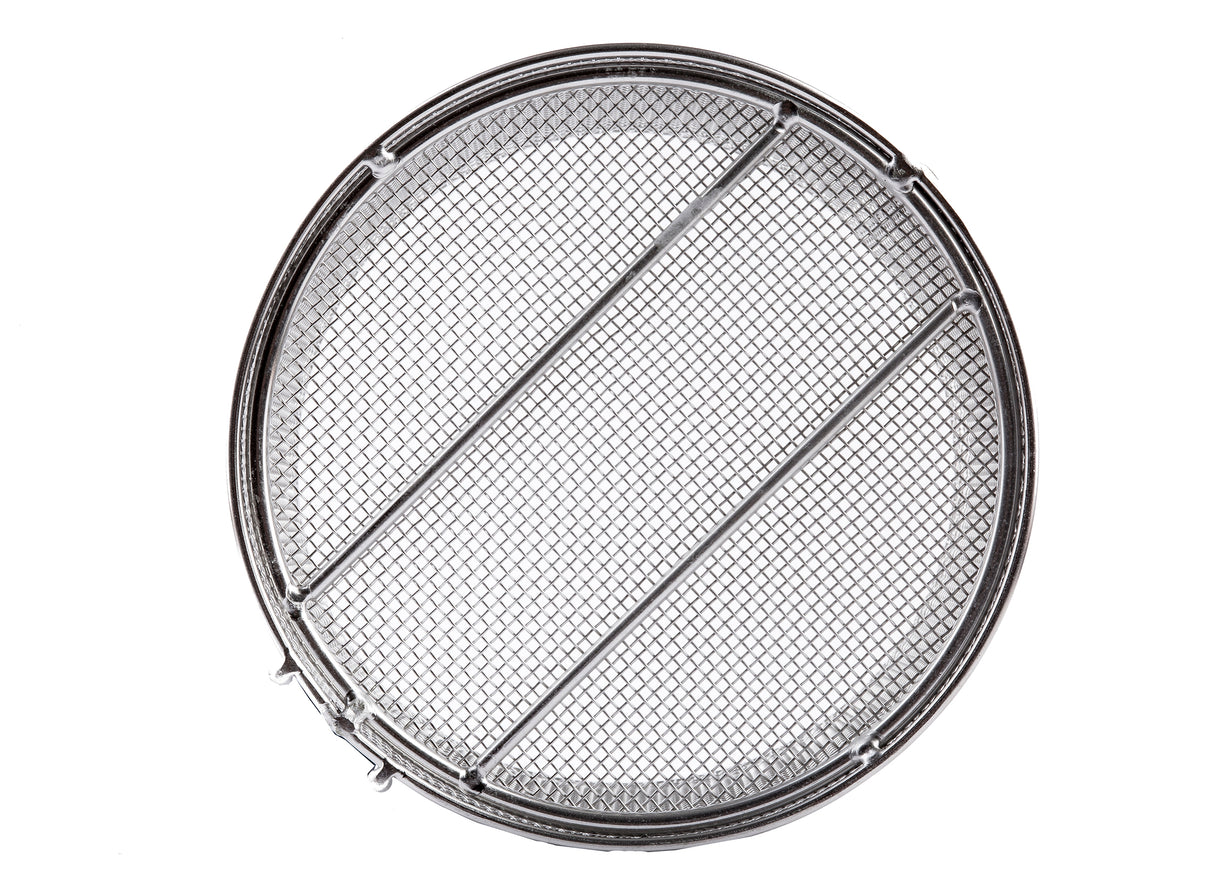 A round stainless steel mesh strainer or sieve with a fine grid pattern and three reinforcing bars running diagonally and horizontally across the center, photographed on a white background.