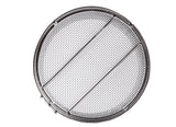 A round stainless steel mesh strainer or sieve with a fine grid pattern and three reinforcing bars running diagonally and horizontally across the center, photographed on a white background.