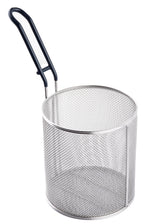 A round stainless steel wire mesh pasta basket with a long, angled black handle is shown against a white background. Featuring fine mesh sides and bottom, this basket is dishwasher safe and ideal for deep frying or straining food.