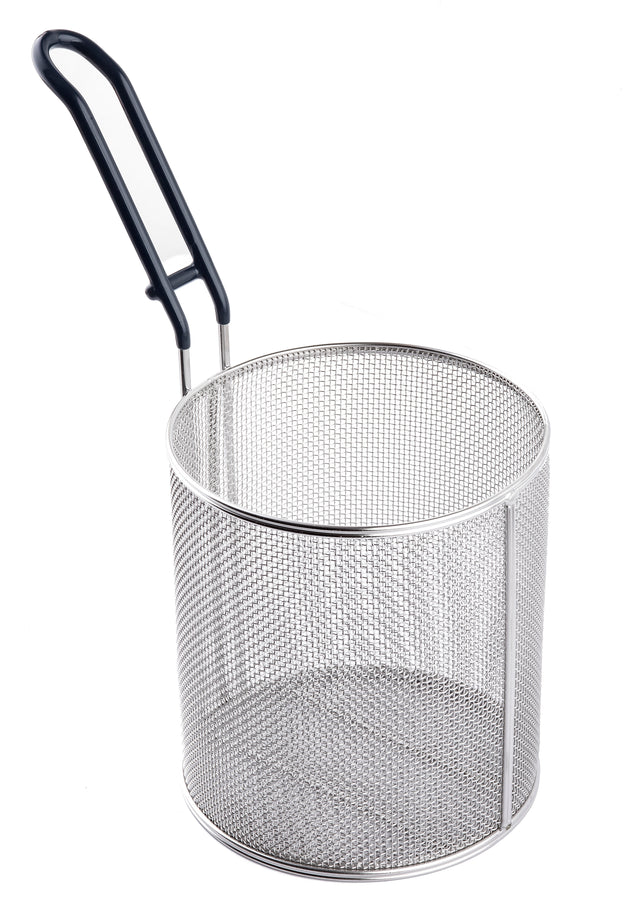 A round stainless steel wire mesh pasta basket with a long, angled black handle is shown against a white background. Featuring fine mesh sides and bottom, this basket is dishwasher safe and ideal for deep frying or straining food.