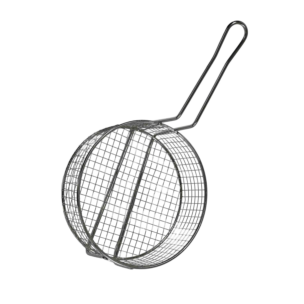 A round stainless steel cooking basket with a long handle and grid pattern, designed for grilling or frying food. The handle has a loop at the end, and the dishwasher safe basket can be closed to securely hold items inside. Plain white background.