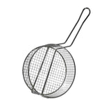 A round stainless steel cooking basket with a long handle and grid pattern, designed for grilling or frying food. The handle has a loop at the end, and the dishwasher safe basket can be closed to securely hold items inside. Plain white background.