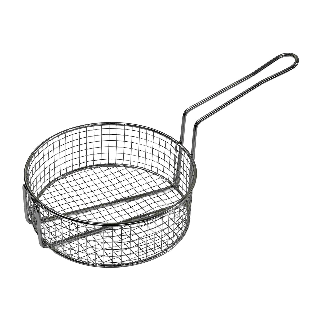 A round, stainless steel wire mesh cooking basket with a long handle. The open-top basket has a grid pattern, ideal for deep frying food. Its sturdy handle extends outward, and the basket is dishwasher safe for easy cleaning.