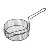 A round, stainless steel wire mesh cooking basket with a long handle. The open-top basket has a grid pattern, ideal for deep frying food. Its sturdy handle extends outward, and the basket is dishwasher safe for easy cleaning.