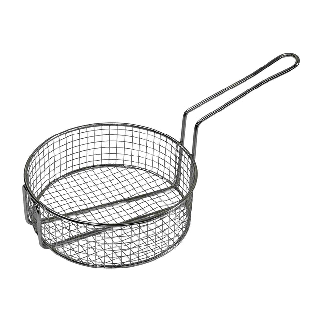 A round, stainless steel wire mesh cooking basket with a long handle. The open-top basket has a grid pattern, ideal for deep frying food. Its sturdy handle extends outward, and the basket is dishwasher safe for easy cleaning.