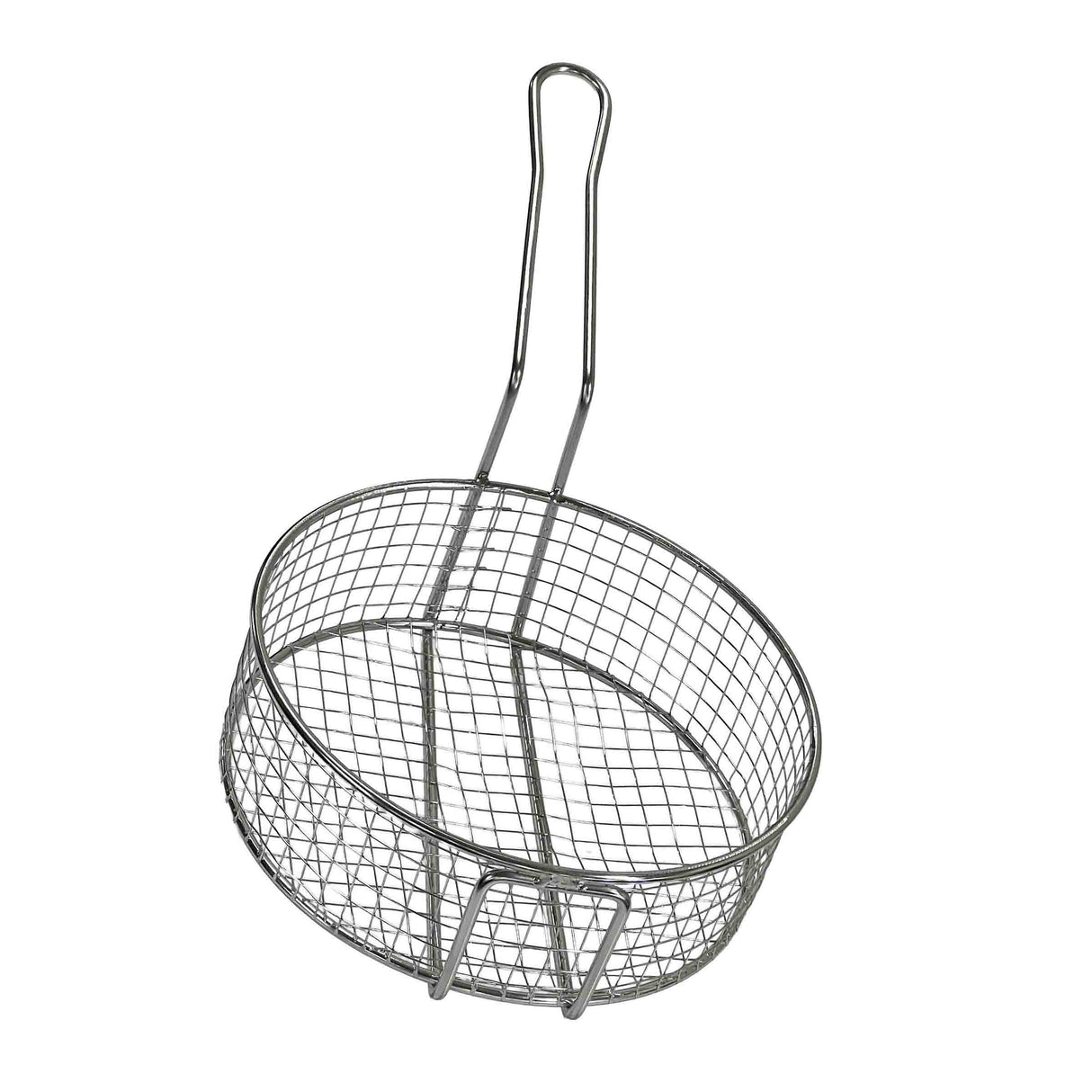 A stainless steel cooking basket with a long handle and grid pattern, perfect for frying or draining food. The basket is dishwasher safe, making cleanup easy. Background is plain white.