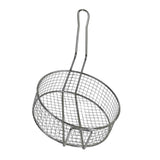 A stainless steel cooking basket with a long handle and grid pattern, perfect for frying or draining food. The basket is dishwasher safe, making cleanup easy. Background is plain white.