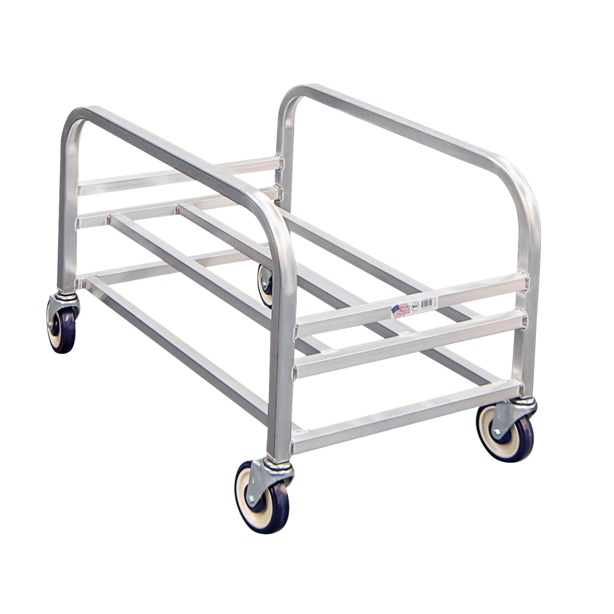 A silver bulk cart with aluminum welded construction, featuring four blue and white caster wheels. The open frame design includes two parallel side handles and horizontal support bars. It is empty and set against a plain white background.