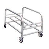 A silver bulk cart with aluminum welded construction, featuring four blue and white caster wheels. The open frame design includes two parallel side handles and horizontal support bars. It is empty and set against a plain white background.