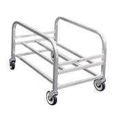 A silver bulk cart with aluminum welded construction, featuring four blue and white caster wheels. The open frame design includes two parallel side handles and horizontal support bars. It is empty and set against a plain white background.