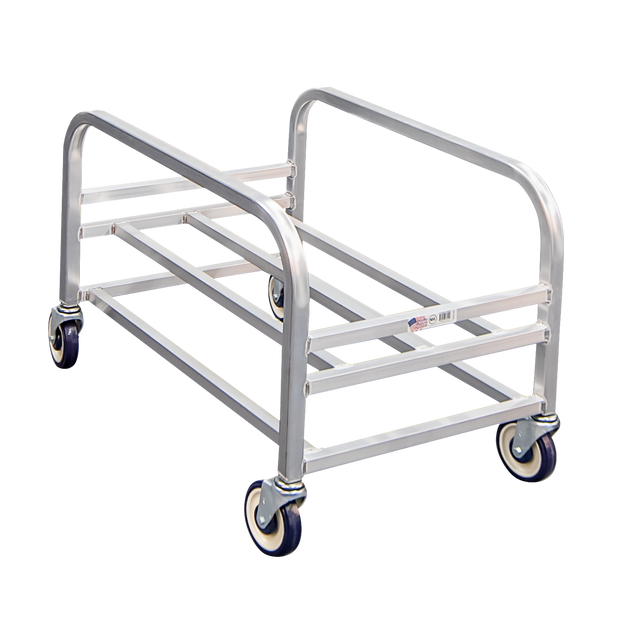 A silver bulk cart with aluminum welded construction, featuring four blue and white caster wheels. The open frame design includes two parallel side handles and horizontal support bars. It is empty and set against a plain white background.