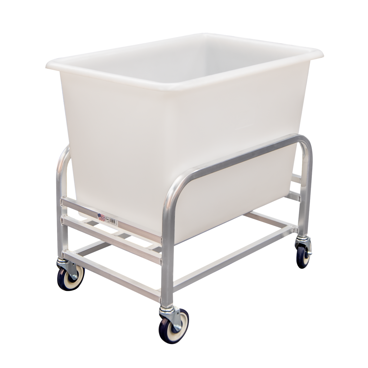 A large white rectangular plastic bin with 8 bushel capacity sits within a sturdy aluminum welded construction frame on four black swivel caster wheels, creating a durable and mobile bulk cart. The background is plain white.
