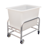 A large white rectangular plastic bin with 8 bushel capacity sits within a sturdy aluminum welded construction frame on four black swivel caster wheels, creating a durable and mobile bulk cart. The background is plain white.
