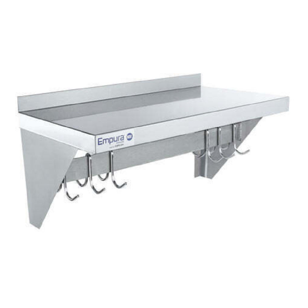 Empura E-WPS-1248 - Pot Rack, Wall-Mounted, 48" X 12" Stainless Steel Wall-mounted Pot Rack With Shelf And 18 Gauge Galvanized Hooks