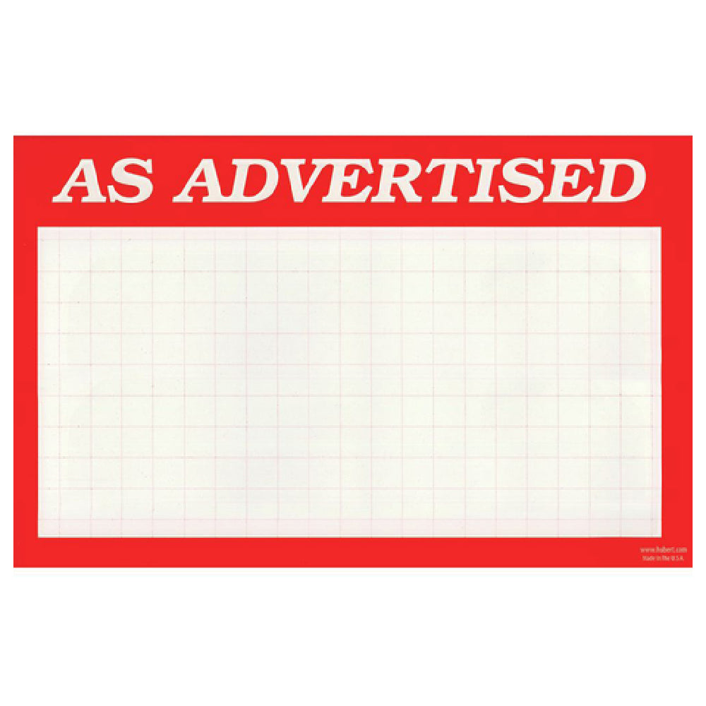 Hubert 86587 - Sign Card, "As Advertised" Imprinted, 11" X 7"