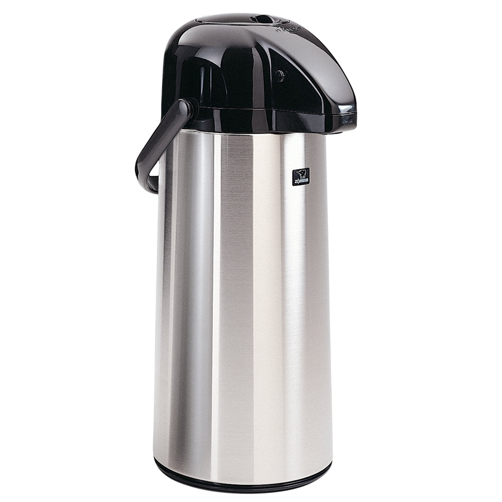A stainless steel airpot with a cylindrical body, black plastic lid, and handle. Featuring a stainless steel vacuum liner for superior heat retention, its reflective surface and sleek design ensure both style and functionality.