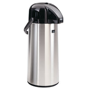 A stainless steel airpot with a cylindrical body, black plastic lid, and handle. Featuring a stainless steel vacuum liner for superior heat retention, its reflective surface and sleek design ensure both style and functionality.