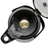 Top-down view of an open thermos flask. The black plastic lid is hinged open, revealing the shiny stainless steel vacuum liner for superior heat retention. The circular mouth and lid feature a pouring spout and a hole for easy carrying or hanging, Airpot style.
