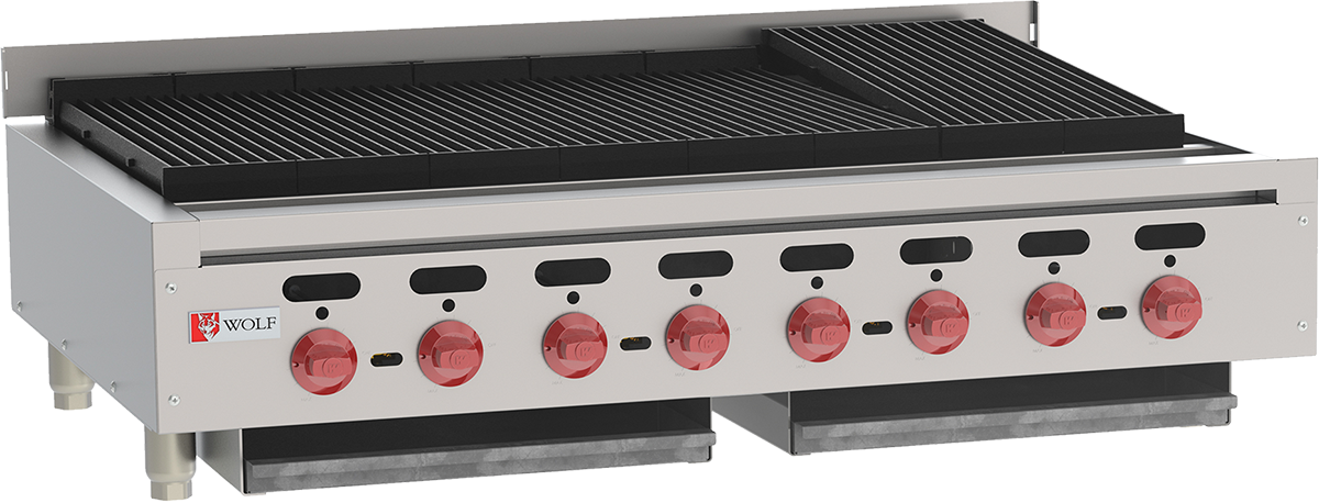 A commercial stainless steel charbroiler featuring six large red control knobs, a black cooking grate, and the Wolf logo on the front panel. This high-performance grilling unit is clean, unused, and built for use in a professional kitchen.
