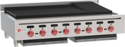 A commercial stainless steel charbroiler featuring six large red control knobs, a black cooking grate, and the Wolf logo on the front panel. This high-performance grilling unit is clean, unused, and built for use in a professional kitchen.