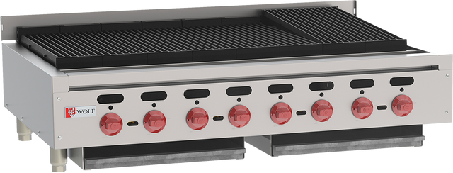 A commercial stainless steel charbroiler featuring six large red control knobs, a black cooking grate, and the Wolf logo on the front panel. This high-performance grilling unit is clean, unused, and built for use in a professional kitchen.