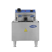 A stainless steel electric countertop fryer with a 10 lb fat capacity, two basket handles, a blue control panel featuring a knob, switches, indicator lights, and a yellow caution hot surface sign. The unit has four short legs and a CookRite logo.
