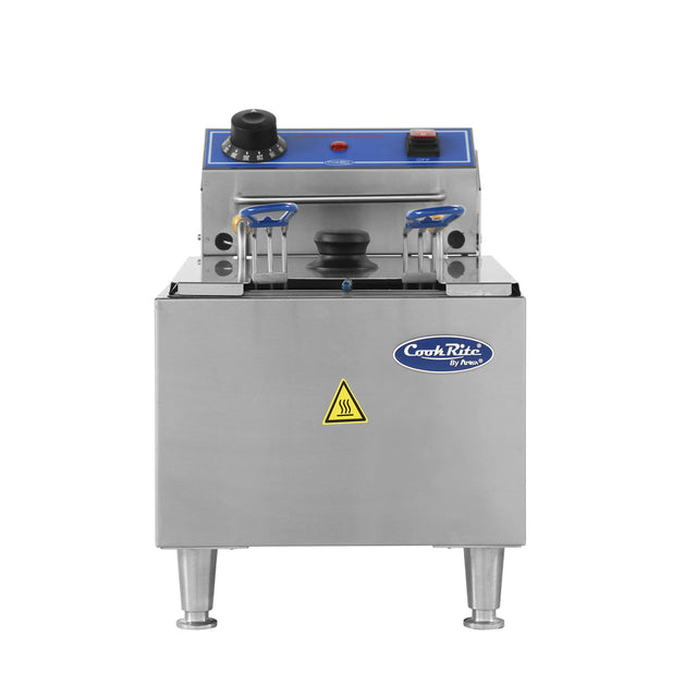 A stainless steel electric countertop fryer with a 10 lb fat capacity, two basket handles, a blue control panel featuring a knob, switches, indicator lights, and a yellow caution hot surface sign. The unit has four short legs and a CookRite logo.