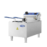 A stainless steel electric countertop fryer with two basket handles, a blue control panel featuring a dial and buttons, warning symbol on the front, four short legs, and a 10 lb fat capacity. The fryer is branded “Cook Rite by Atosa.”.