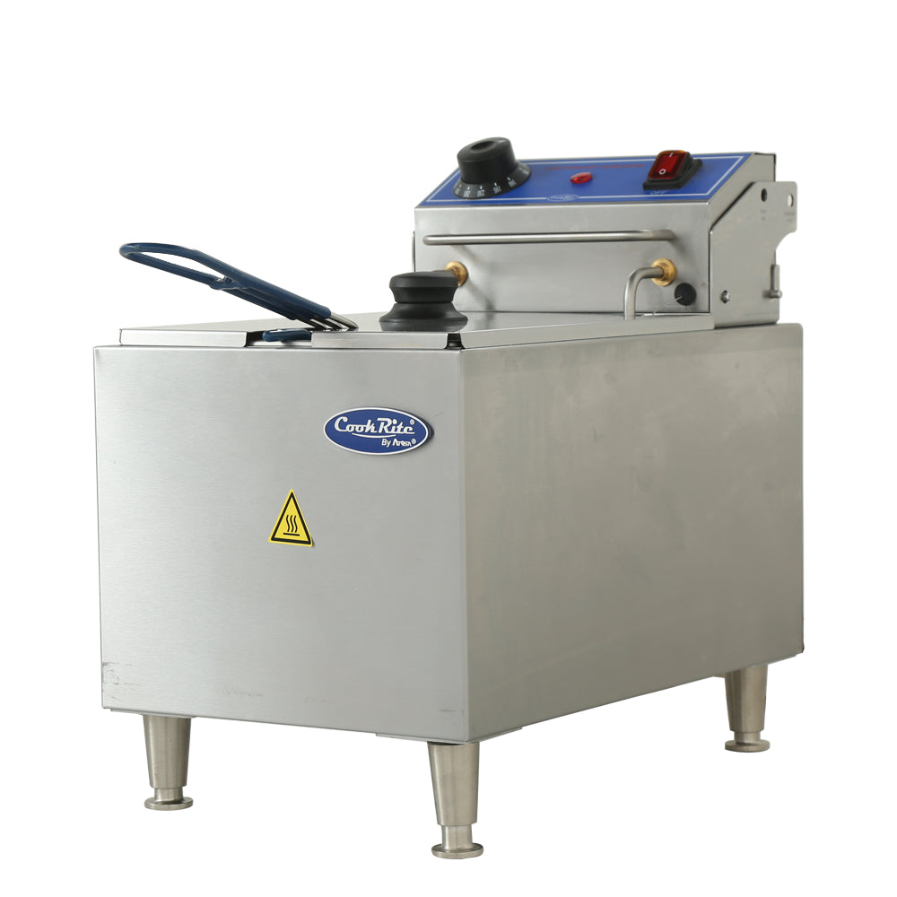 A stainless steel electric countertop fryer with a blue control panel, temperature knob, power indicator light, and a lid handle. It stands on four short legs and features a caution hot surface symbol. Cook Rite branding is visible. 16 lb fat capacity.